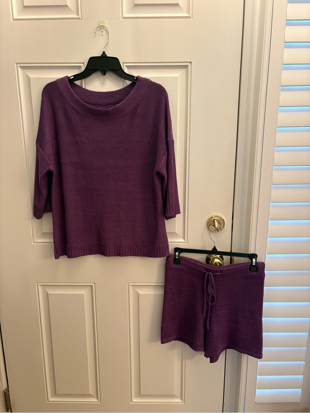 Women's Purple Knit Lounge Top & Drawstring Shorts Set
